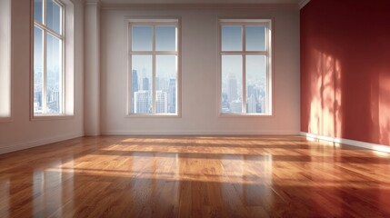 Fototapeta premium Bright and Spacious Empty House Interior Featuring Wooden Floors and Large Windows with City View
