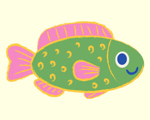 Playful illustration of a cute fish. Sea animal. Children's illustration. Underwater life. 