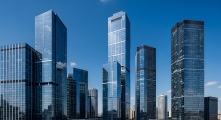 Fototapeta premium Modern Skyscrapers in a City Blue Glass Buildings and Architecture Under a Clear Sky for Urban Development.