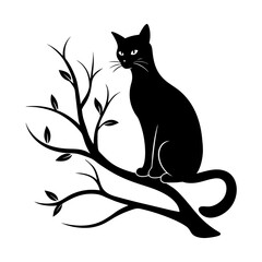 A black cat sitting on a branch with leaves in silhouette style art