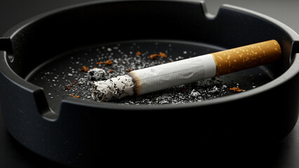 Ashtray with a burning cigarette and ash on a black background, representing the unhealthy habit and danger of nicotine addiction