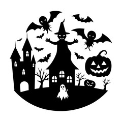 Silhouette halloween scene with witch castle bats ghost and pumpkins art