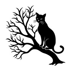 A black cat sitting on a bare tree branch silhouette illustration art