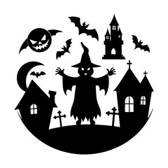 Silhouette halloween scene with witch bats haunted house and graveyard