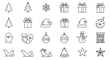 Outline Winter Holiday Icons with Tree, Snowflake, Gifts, Snowman