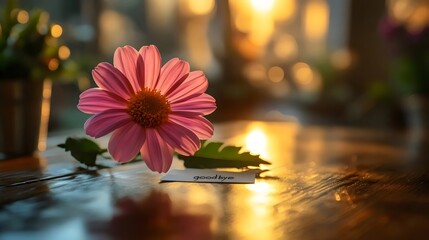 A pink daisy with a goodbye note on a wooden table, bathed in warm light.