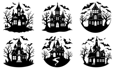 Collection of six silhouette halloween haunted houses with bats and trees