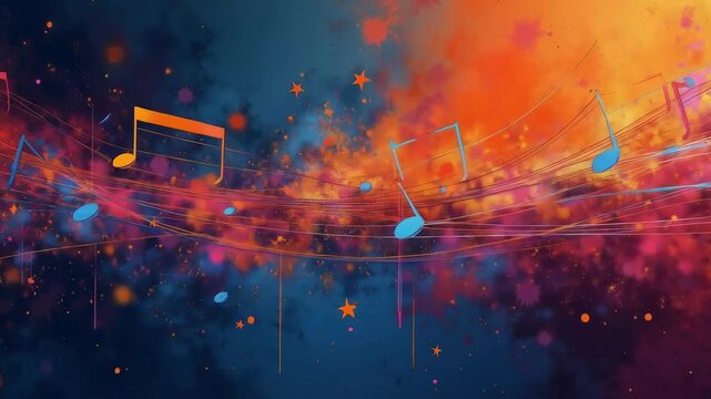 Vibrant musical notes and staves swirl against a fiery orange and deep blue cosmic background, creating a dynamic and artistic composition