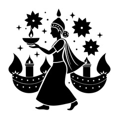 Silhouette of woman carrying diya with decorative lamps and stars around