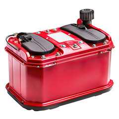 A red, industrial-looking battery with black components and a vent cap. background removed