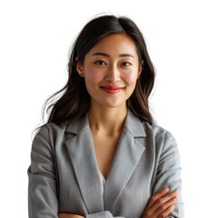 Confident Asian businesswoman with arms crossed, wearing a grey blazer. Professional portrait. background removed