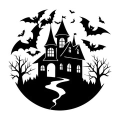 Silhouette of haunted house with bats and trees in circular design