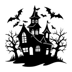 Silhouette of a spooky haunted house with bats flying around it at night