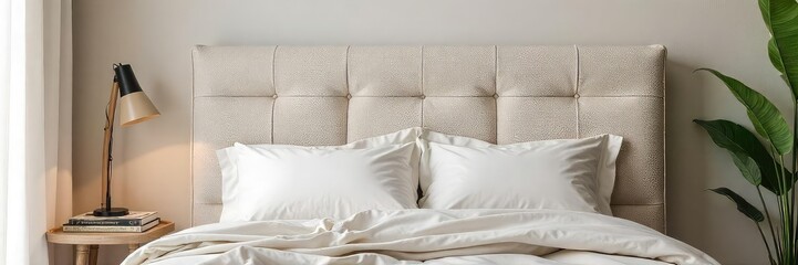 Elegant textured fabric headboard background, perfect for interior design projects Soft, neutral tones create a calming and sophisticated atmosphere in any bedroom , elegant, sophisticated, peaceful