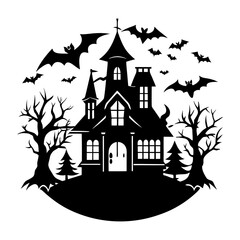 Silhouette of a haunted house with bats and trees in a circular frame