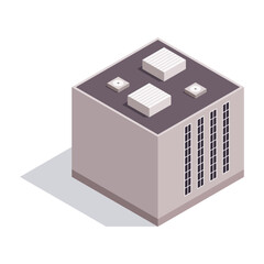 Factory isometric. Industrial bulding. Concept of industrial plant with chimney tower. 3d isolated icon. Architecture of manufacture house. Vector cartoon illustration