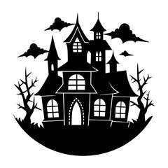 Silhouette of a spooky haunted house with trees and clouds in the night
