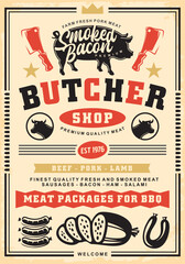 Retro flyer design for butcher shop. Fresh and smoked meat advertisement. Food vector illustration.
