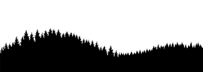 Mountains silhouettes landscape background. Rocky panorama with mountains skyline and pine tree forest. Scenery with slopes, vector cartoon illustration