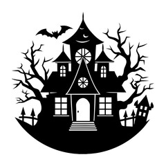 Silhouette of a spooky haunted house with bat and trees for halloween
