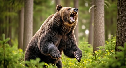 Fototapeta premium Roaring Bear Captured Mid Roar in Dense Forest Wilderness