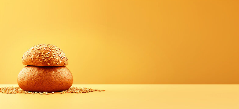 Homemade gluten-free bran bread on a yellow background. Perfect for a healthy food banner with ample copy space. Yellow background featuring homemade bran bread