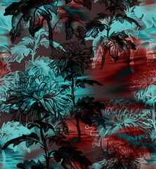 Floral dramatic seamless pattern of chryzanthemums flowers with blurred vision effect in dark tones. For allpaper, bedding, textile, apparel fabric, poster, package.