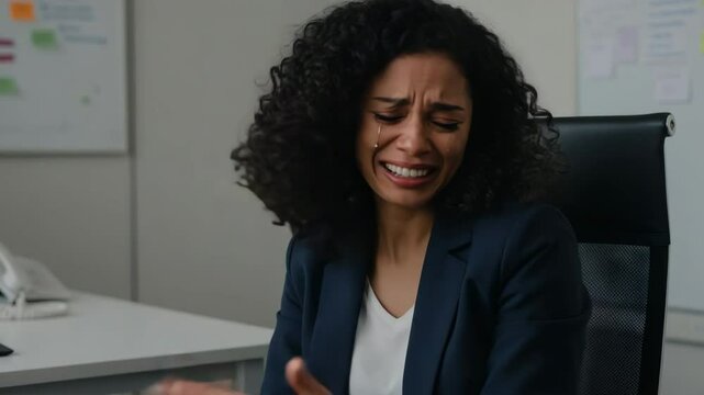 Woman expressing emotions while sitting at desk in office space  