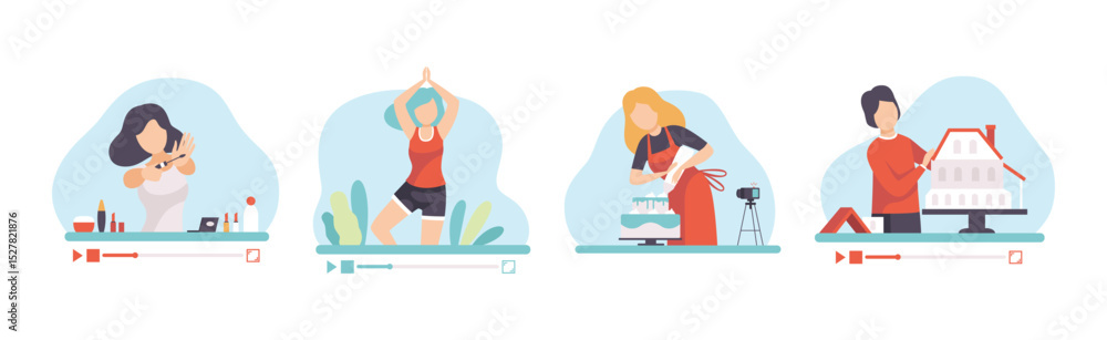 Aufkleber video tutorials with man and woman blogger streaming vector set