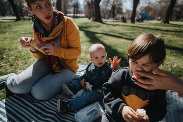 Family outdoors enjoying a picnic on a sunny day. A mother and her children share a moment together sitting on a blanket in the park.