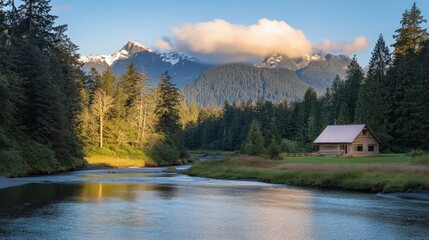 Fototapeta premium Cabin nestled by a river, mountains in the background