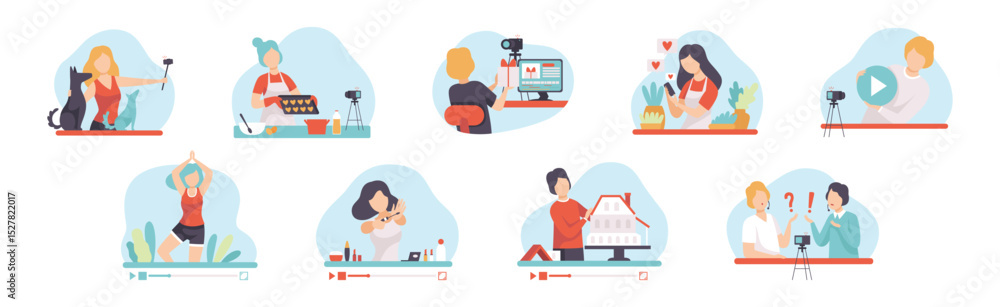 Poster video tutorials with man and woman blogger streaming vector set