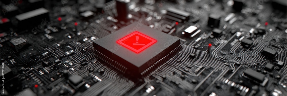 Poster burnt microchip with blinking red light and warning mark indicating potential failure or damage from