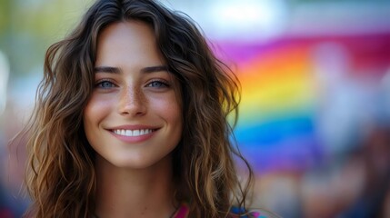 A smiling woman with blue eyes and freckles poses happily, bathed in sunlight.