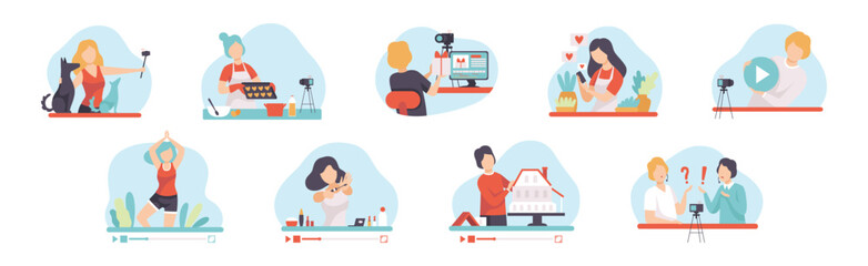 Video Tutorials with Man and Woman Blogger Streaming Vector Set