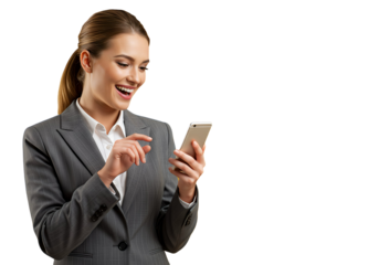 A businesswoman looking at her phone and smiling in excitement, isolated