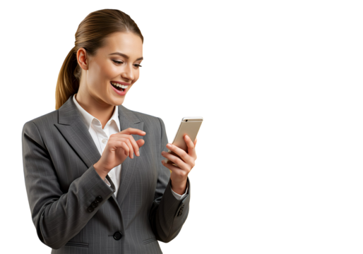 A businesswoman looking at her phone and smiling in excitement, isolated 