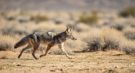 Fototapeta premium Trotting Coyote Captured Mid Trot Across Desert Landscape