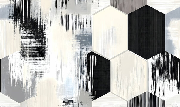 Abstract geometric hexagon patterns, with textured brush strokes, in muted black, gray, and cream color palette