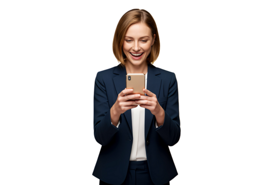A businesswoman looking at her phone and smiling in excitement, isolated 