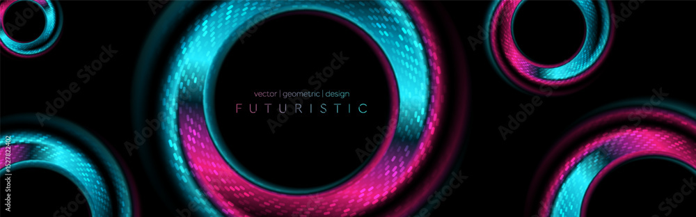 Poster Blue purple glossy smooth rings with circular dotted lines abstract tech background. Futuristic glowing vector design