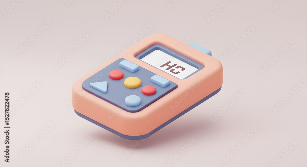 Poster 3d render of a pastel-colored handheld device with buttons and digital display showing h2