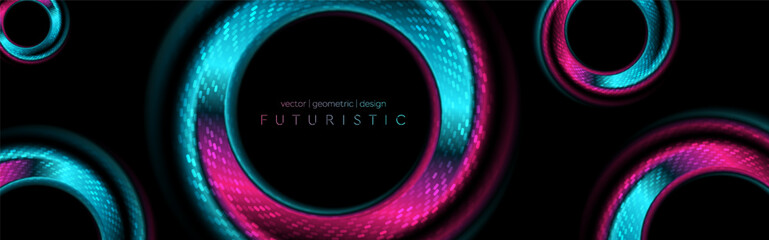 Blue purple glossy smooth rings with circular dotted lines abstract tech background. Futuristic glowing vector design