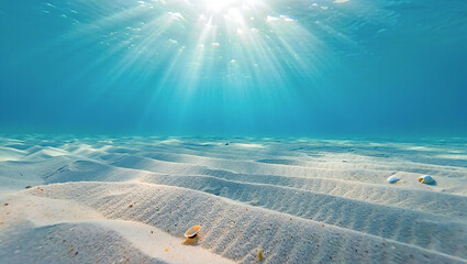 Sunbeams Illuminate the Ocean Floor, Sand Ripples and Shells