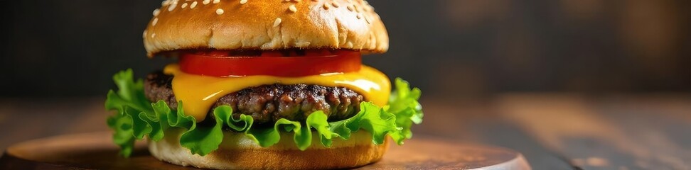 Juicy grilled burger on a sesame seed bun, with melted cheese, crisp lettuce, and ripe tomato Perfect for a summer BBQ or casual meal , grill, grilled, fresh