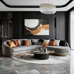 Modern curved sectional sofa in a dark-toned living room