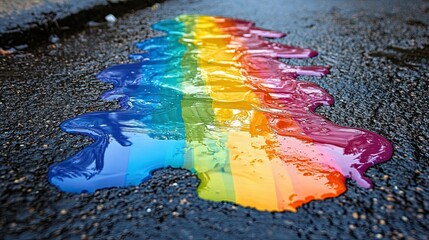 A vivid splash of paint on the ground, bursting with rainbow hues. 
