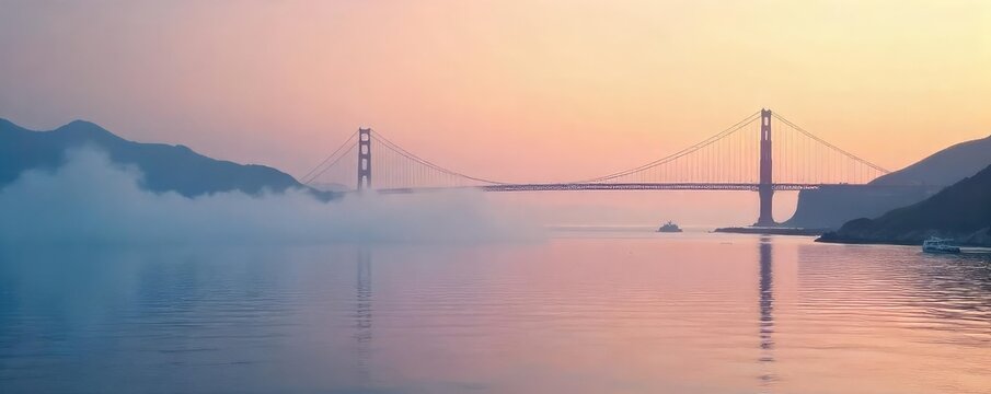 Misty morning on the San Francisco Bay, fog rolling in over the calm water, boats at anchor Golden Gate Bridge partially visible in the distance , clouds, sky