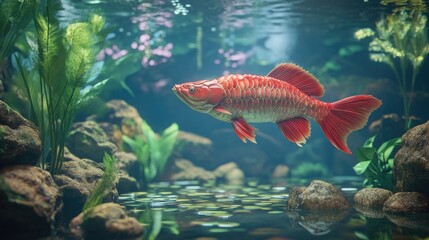 Obraz premium Vibrant red fish in an underwater aquarium scene. Lush aquatic plants and rocks create a tranquil underwater setting