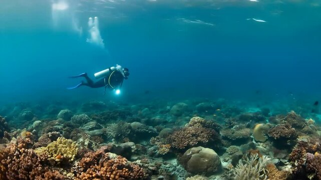 Scuba diver examining colorful tropical coral reef with schooling fish - underwater macro shot